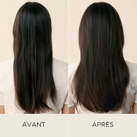Image 6-christopherobin-en_CA - A before and after comparison image shows dark, long hair transforming from dull and slightly frizzy to smooth and shiny, with the labels BEFORE and AFTER.