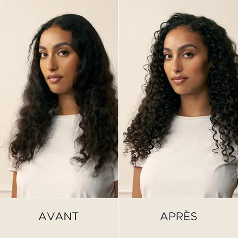 Image 5-christopherobin-en_CA - A split image displays a womans hair transformation from loosely wavy to defined curls, labeled BEFORE and AFTER.