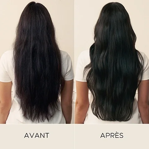 Image 7-christopherobin-en_CA - A side-by-side comparison shows a persons long, dark hair from the back, appearing frizzy and unstyled on the left and smooth and wavy on the right, with the visible text BEFORE and AFTER.