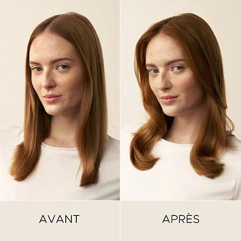 Image 6-christopherobin-en_CA - A side-by-side image of a woman with long reddish-brown hair, showing her hair straight and flat on the left, and with soft waves and more volume on the right, with the visible text BEFORE and AFTER.
