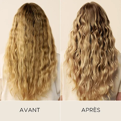 Image 7-christopherobin-en_CA - A split image shows the back of a person with long, blonde, wavy hair, where the left side displays less defined and slightly frizzy waves, and the right side shows more defined, structured waves, with the text BEFORE on the left and AFTER on the right.