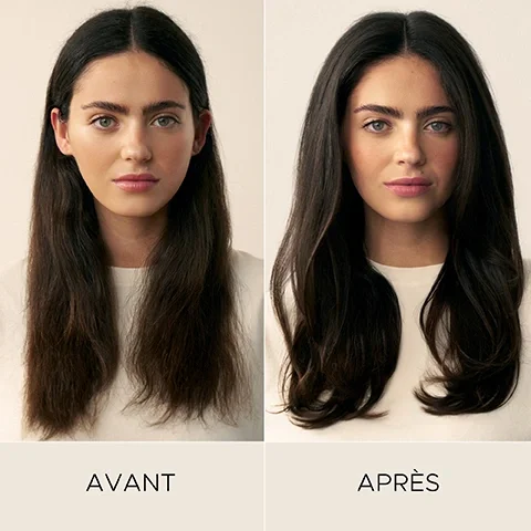 Image 5-christopherobin-en_CA - A split image displays a woman with long dark hair, showing a before and after comparison, with her hair appearing straighter and less voluminous on the left and fuller with more shine and a slight wave on the right, beneath which are the words BEFORE and AFTER.